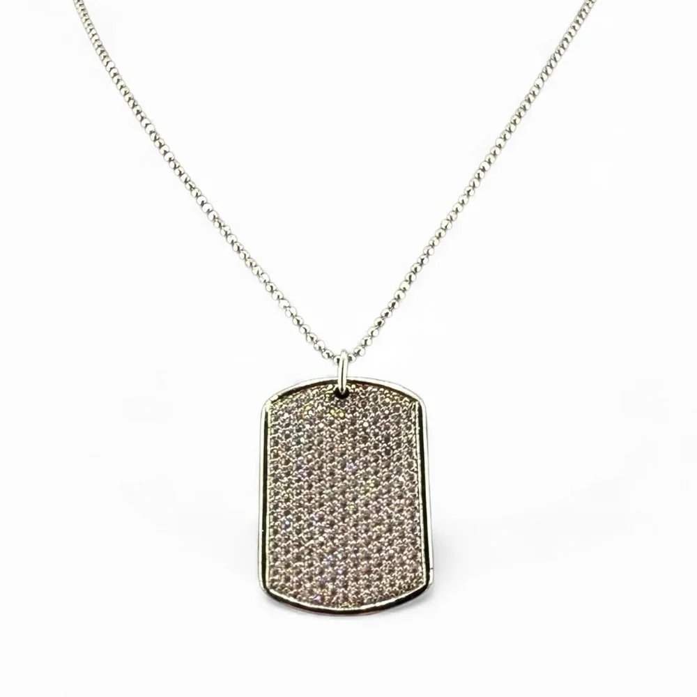 925 Sterling Silver CZ Dog Tag Necklace Made in Turkey Ball Chain Unisex Pendant